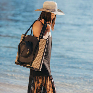 Checkerboard Rattan & Leather Hat Carrier